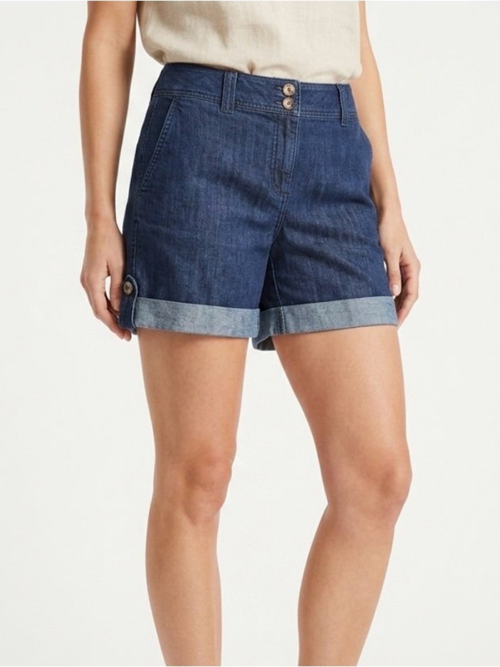 Loft Denim Shorts Womens Sz 6 Blue Stretch Rolled Cuffs Flat Front Casual Summer